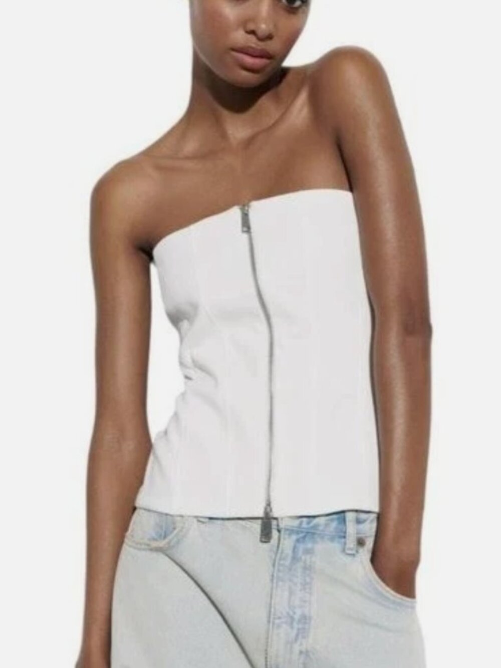 Zara Corset Top White Strapless Front Zip Size M